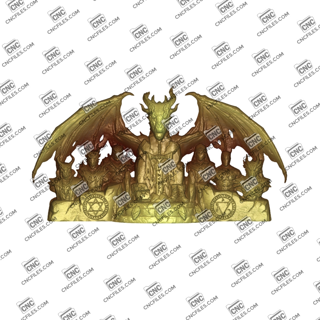 An image of a CNC file showing a DnD Dracholic Cult 2 ornament 3D relief designed for carving a detailed fantasy-themed decorative piece.