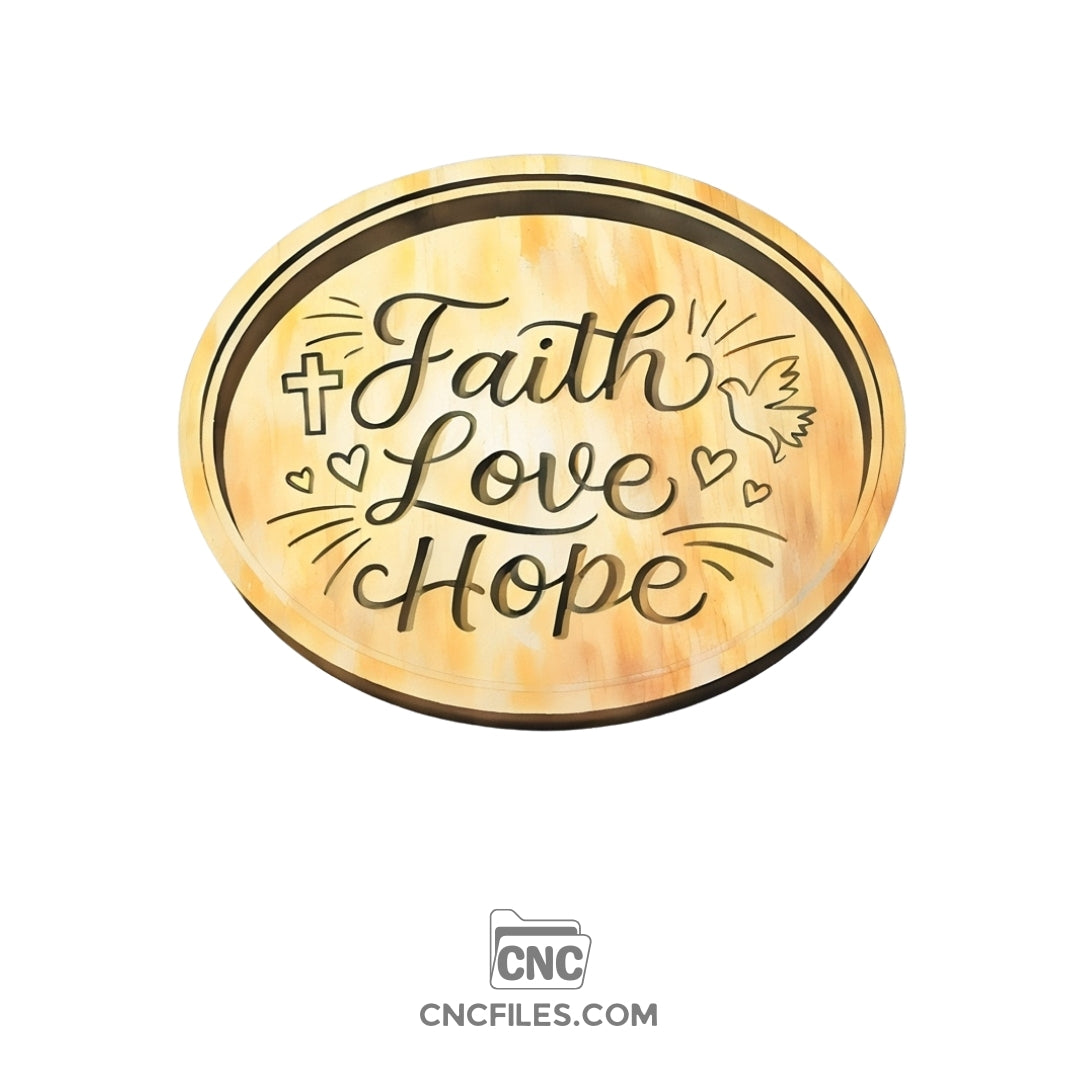 An image of a CNC file showing a Faith Love Hope sign jewelry box with an acrylic lid designed for storing and displaying small jewelry items.