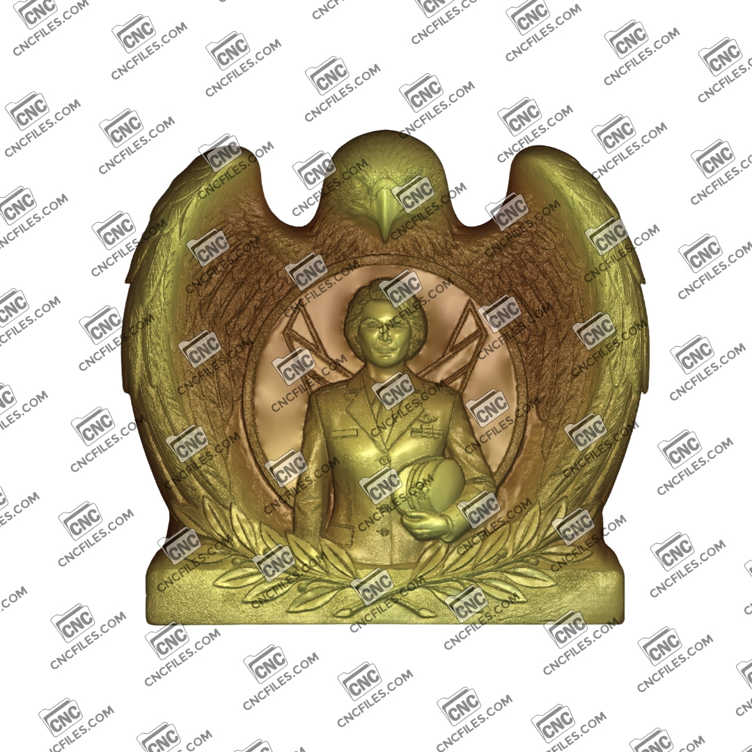 An image of a CNC file showing a detailed female Air Force figure designed for display or carving projects.