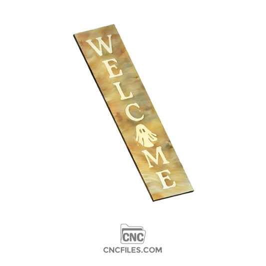 An image of a CNC file showing a Ghost Welcome Porch Board design with a spooky ghost shape.
