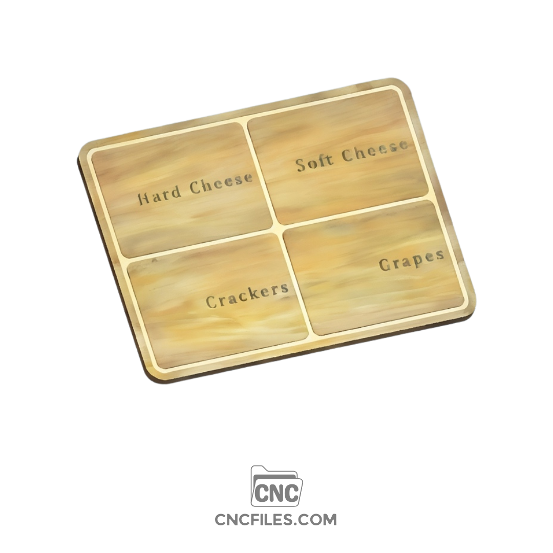 An image of a CNC file showing a giant cheese board divided into four equal sections, designed for cutting and serving different cheeses.