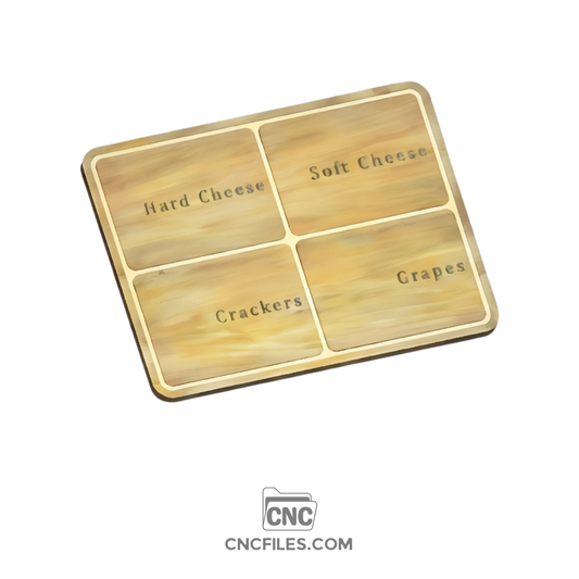 An image of a CNC file showing a giant cheese board divided into four equal sections, designed for cutting and serving different cheeses.