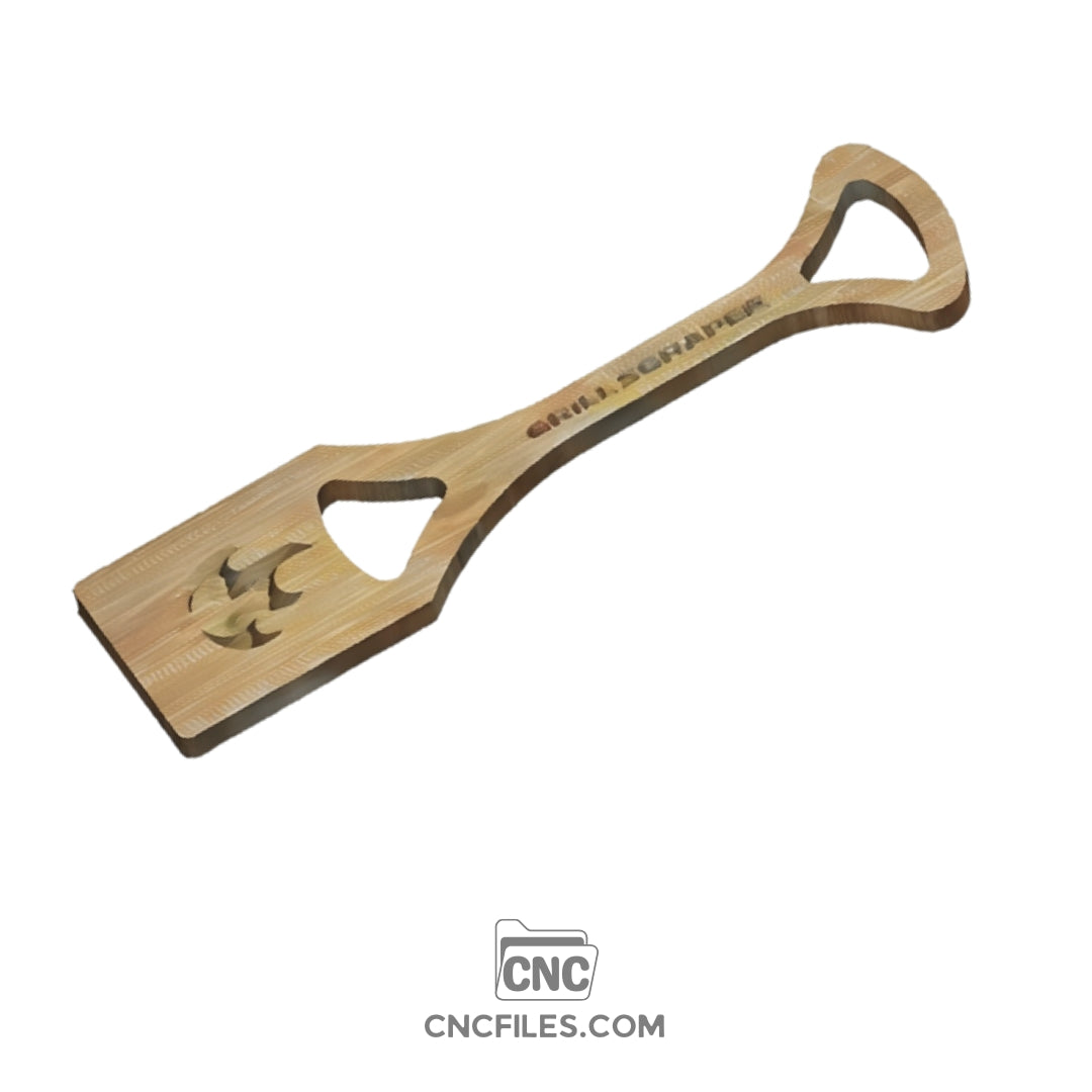 An image of a CNC file showing a grill scraper design with a fire graphic detail.