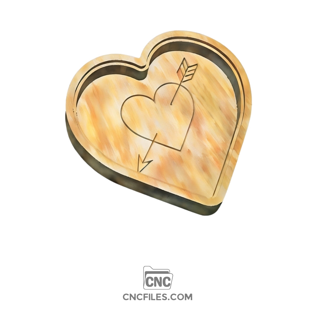 An image of a CNC file showing a heart-shaped jewelry box with an arrow design and a clear acrylic lid, perfect for storing rings and small accessories.