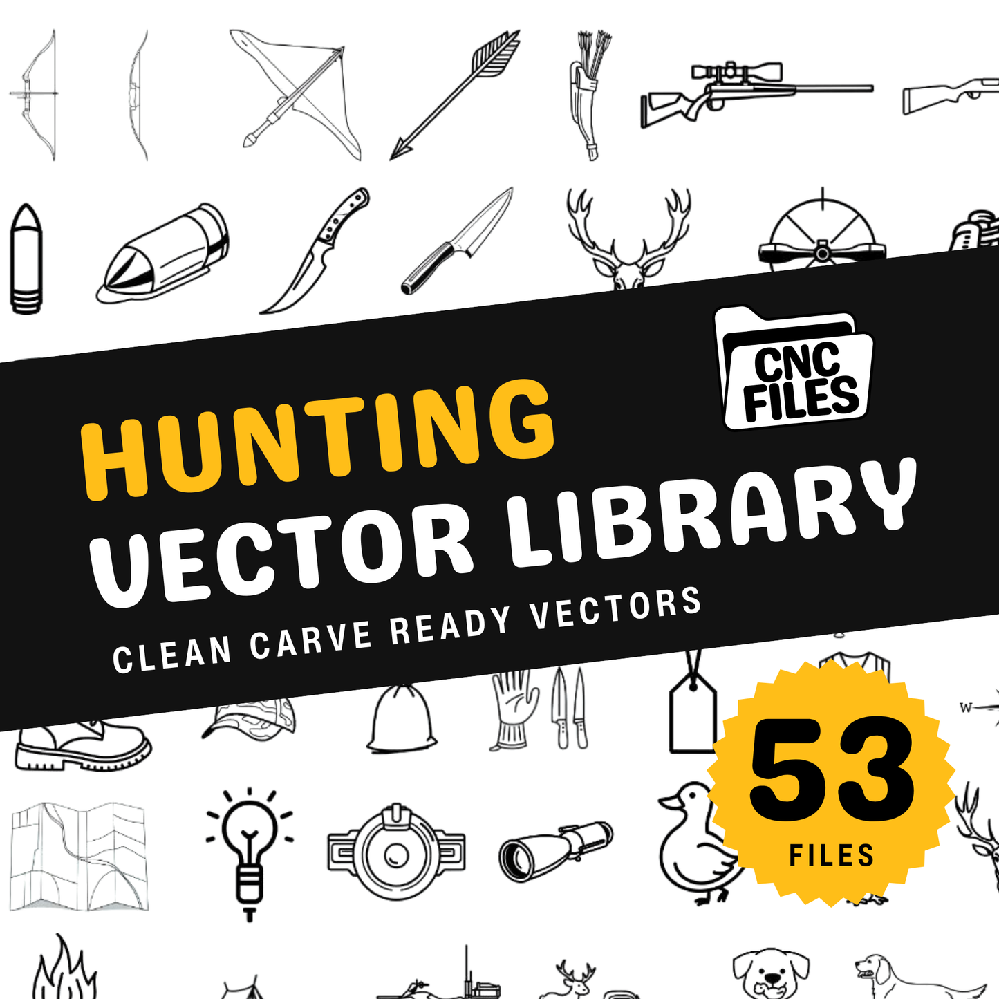 an image of the Hunting CNC Vector Library cover containing lots of Hinting themed line drawings