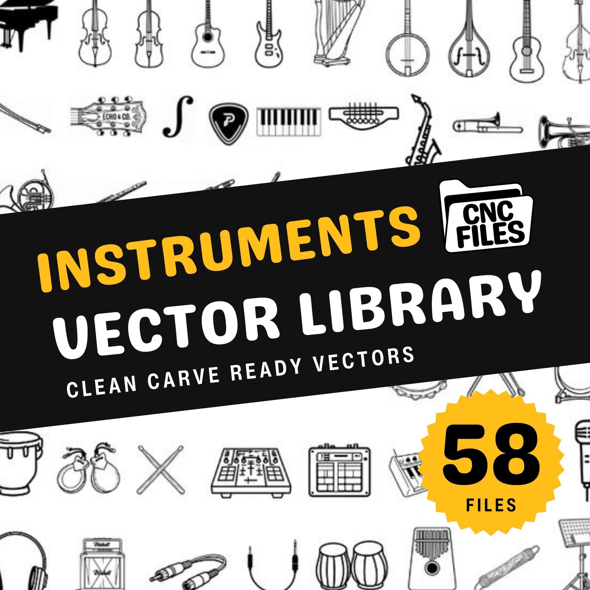 An image of a CNC file showing a collection of instrument-themed designs used for creating decorative or craft projects.