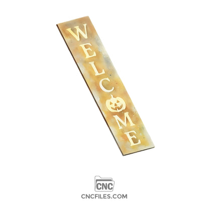 An image of a CNC file showing a Jack O’ Lantern Welcome Porch Board design with carved pumpkin face.