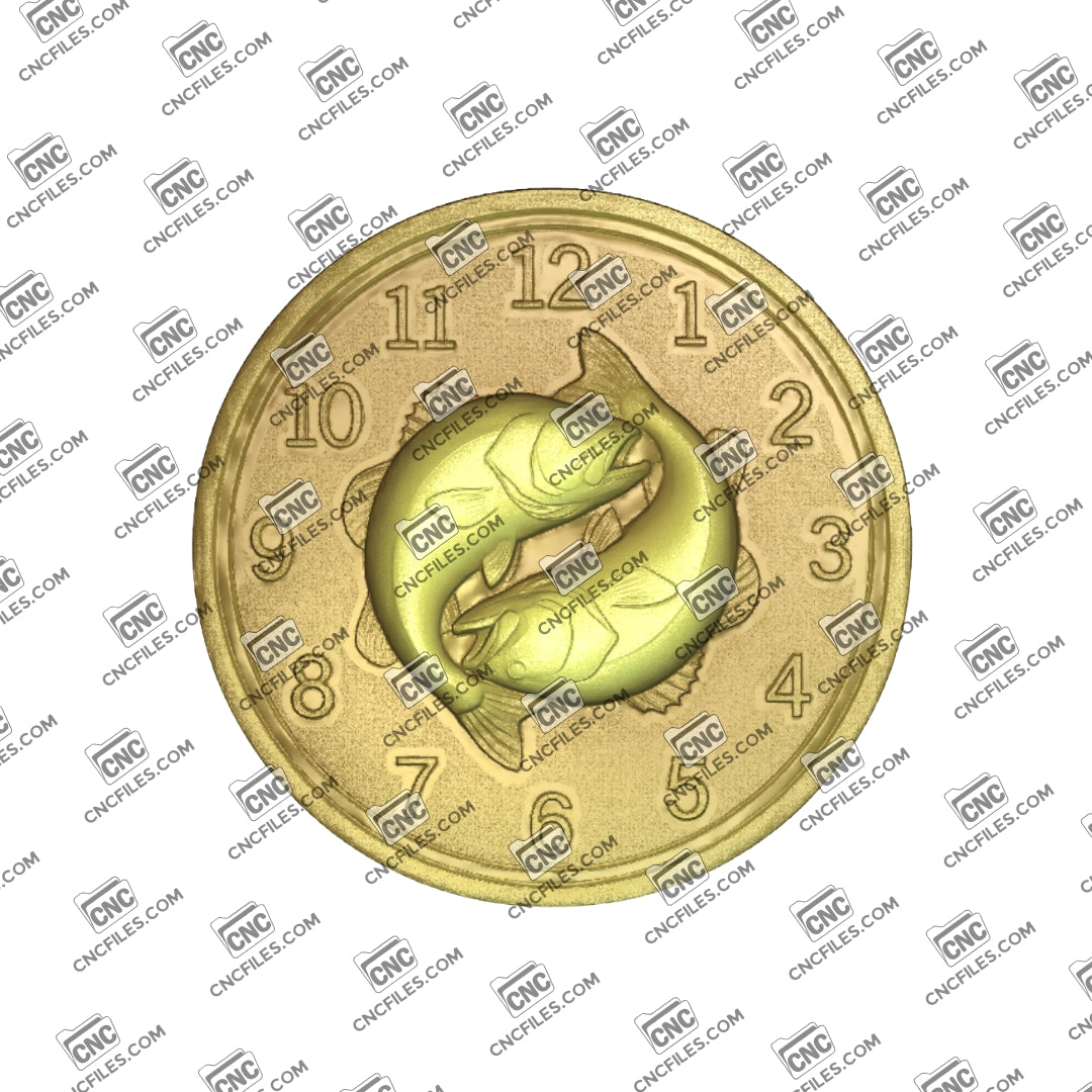 An image of a CNC file showing a largemouth bass fishing themed wall clock with Arabic numerals designed for decorative home or cabin display.