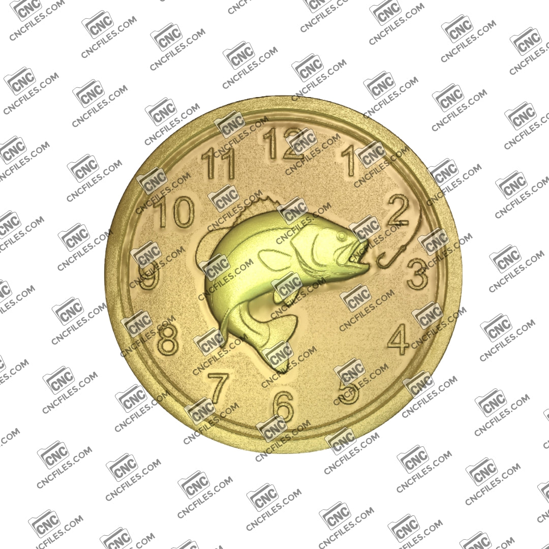 An image of a CNC file showing a largemouth bass fishing themed Arabic numeral clock designed for wall display and home décor.