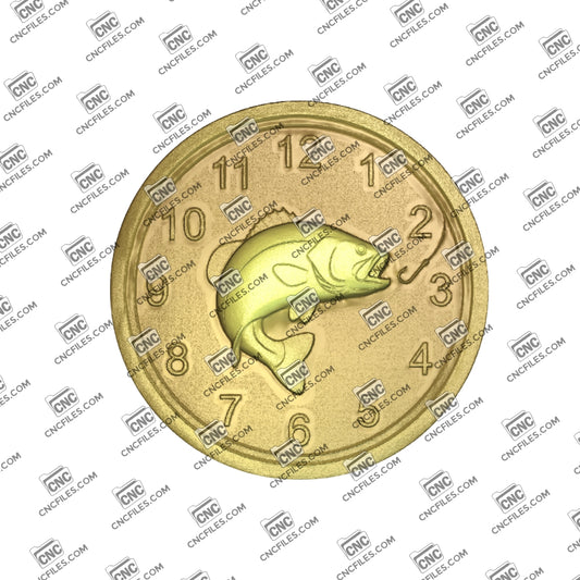 An image of a CNC file showing a largemouth bass fishing themed Arabic numeral clock designed for wall display and home décor.