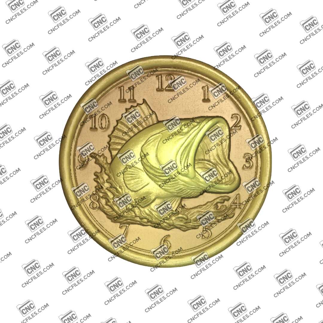 An image of a CNC file showing a largemouth bass fishing themed wall clock with Arabic numerals designed for decorative home or cabin display.