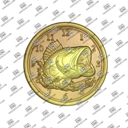 An image of a CNC file showing a largemouth bass fishing themed wall clock with Arabic numerals designed for decorative home or cabin display.