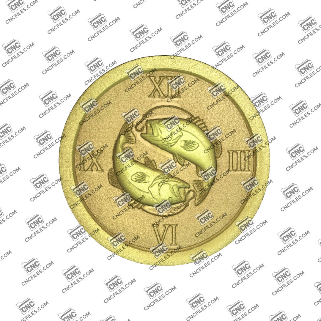 An image of a CNC file showing a Largemouth Bass fishing–themed Roman numeral wall clock designed for decorative home or cabin display.