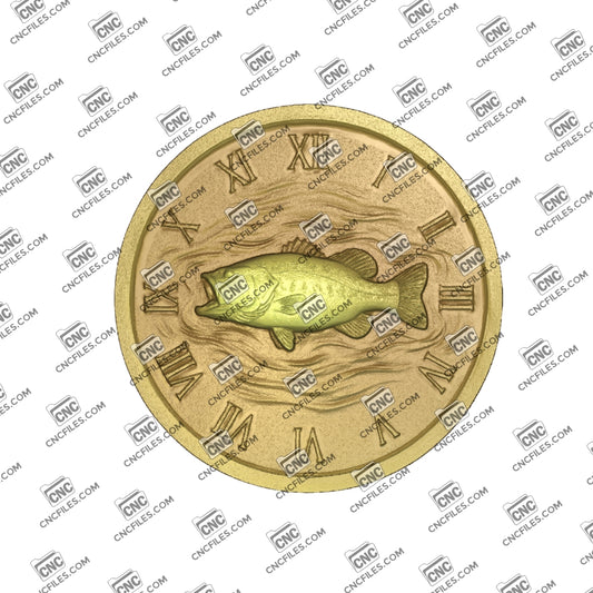 An image of a CNC file showing a largemouth bass fishing design with Roman numeral clock details intended for decorative wall clock projects.