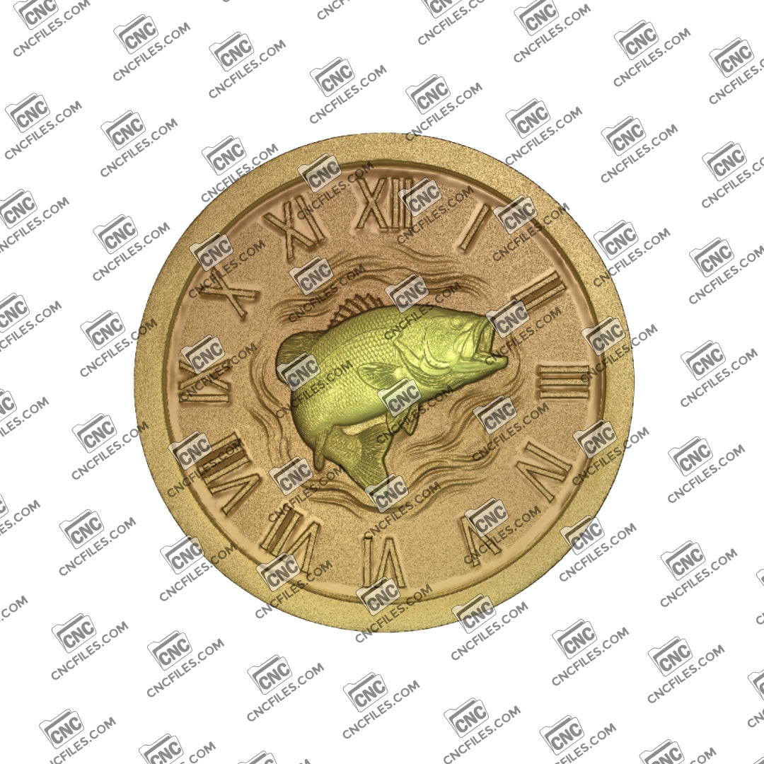 An image of a CNC file showing a Largemouth Bass-themed Roman numeral clock designed for fishing enthusiasts.