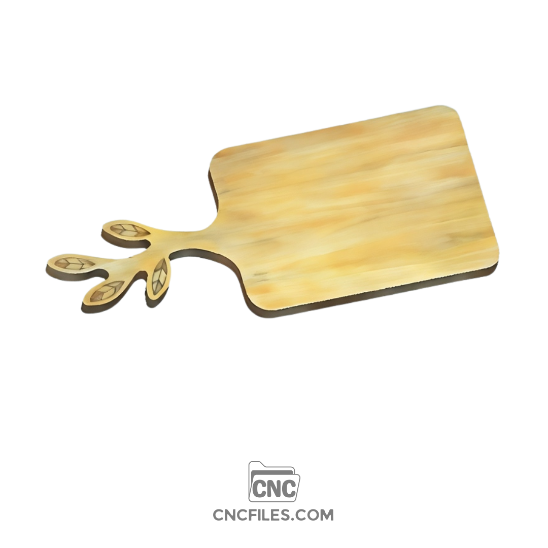 An image of a CNC file showing a leaf-shaped cheese board tray with a smooth handle, designed for cutting and carving from wood.