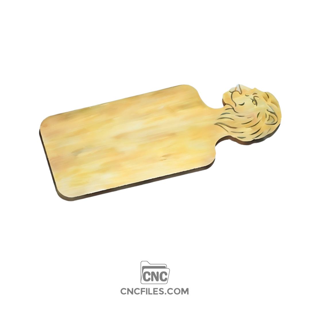 An image of a CNC file showing a lion head–shaped cheese board design, detailed and ready for cutting.