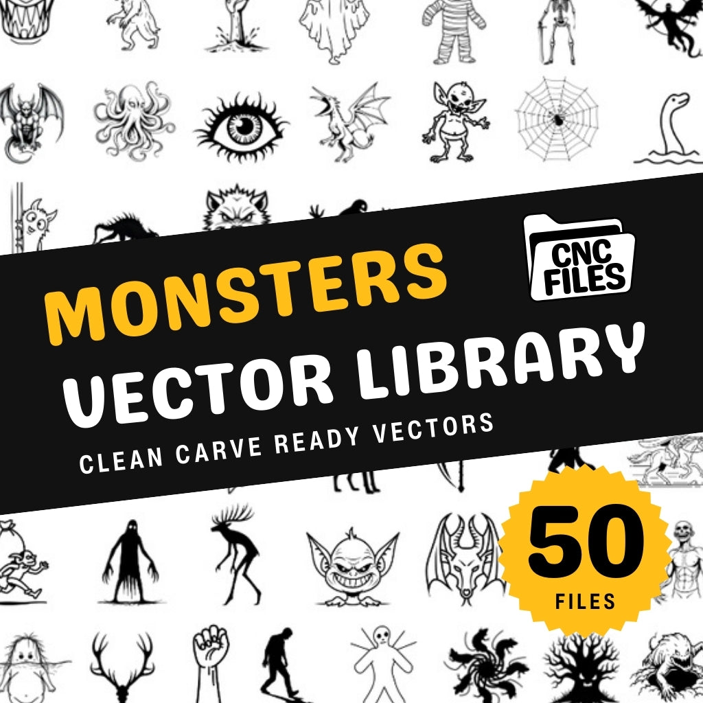 An image of a CNC file showing monster-themed designs intended for crafting, carving, or decorative projects.