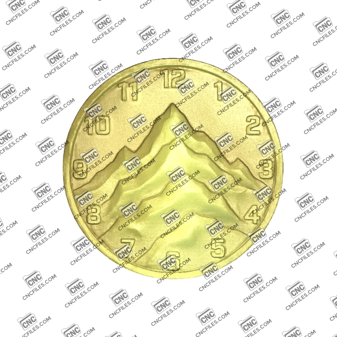 An image of a CNC file showing a mountain range silhouette clock with Arabic numerals, designed for wall display and home décor.
