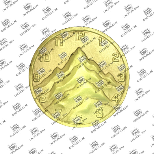 An image of a CNC file showing a mountain range silhouette clock with Arabic numerals, designed for wall display and home décor.