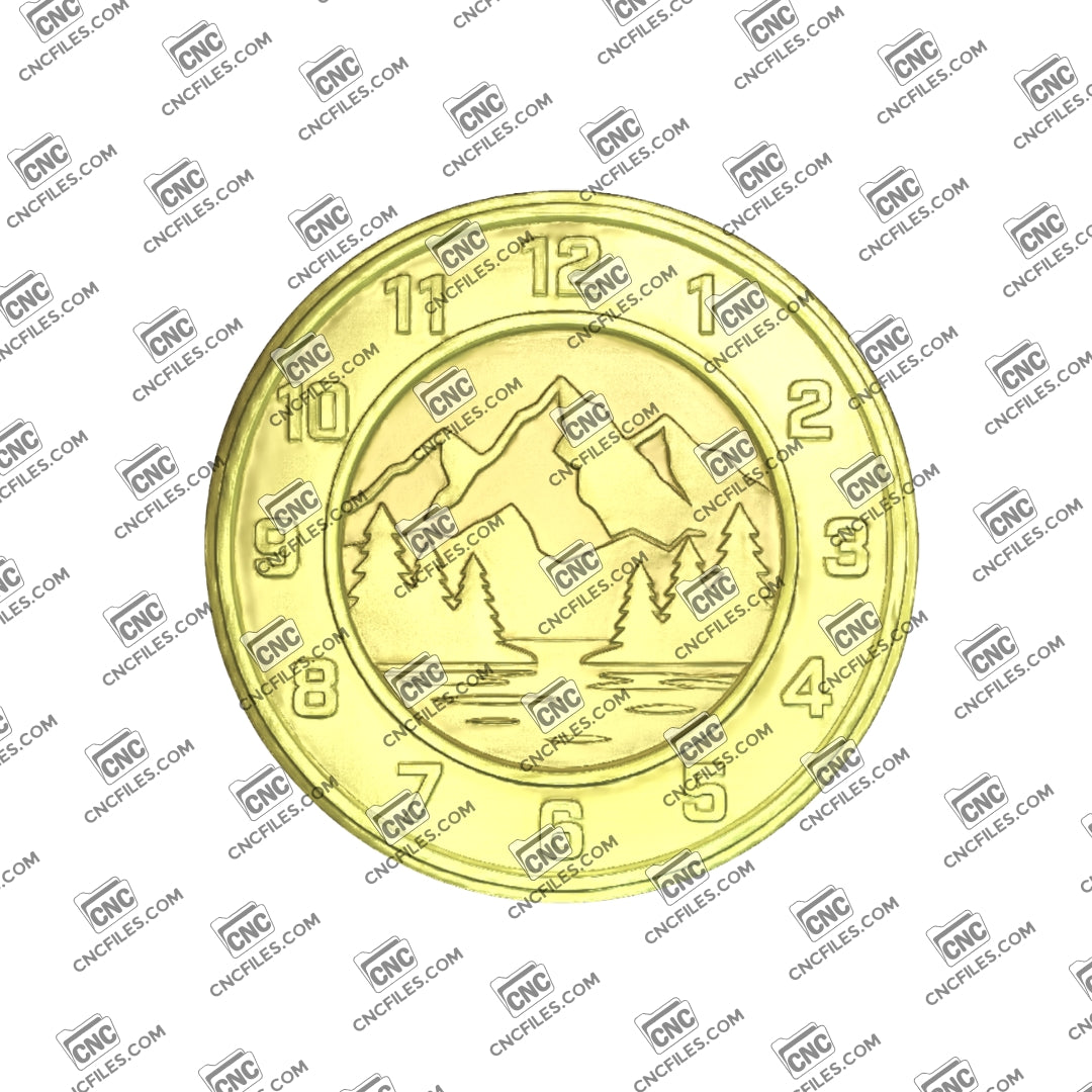 An image of a CNC file showing a mountain range silhouette wall clock with Arabic numerals, designed for easy reading and decorative display.
