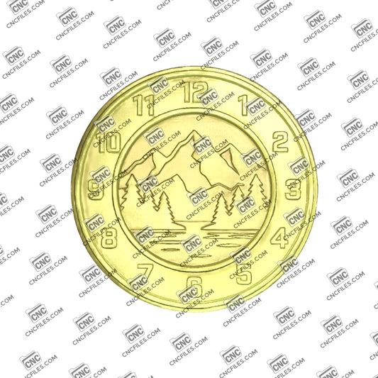 An image of a CNC file showing a mountain range silhouette wall clock with Arabic numerals, designed for easy reading and decorative display.