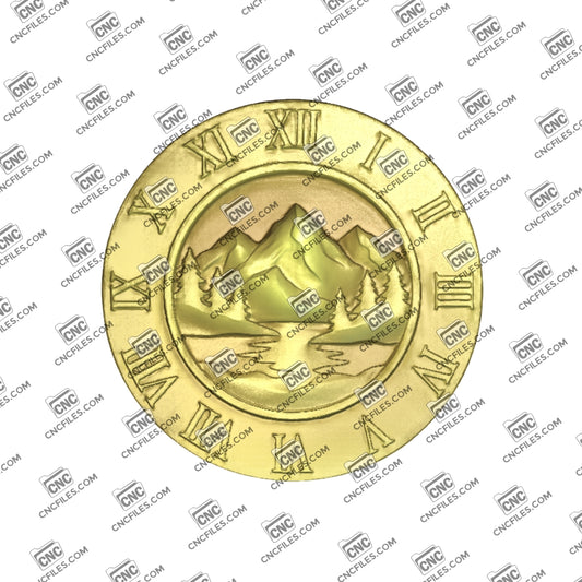 An image of a CNC file showing a mountain range silhouette wall clock with Roman numerals for a stylish home decor piece.