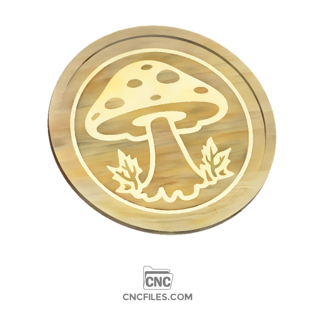 An image of a CNC file showing a Mushroom Fall Tray design with detailed carved mushrooms and autumn leaves.