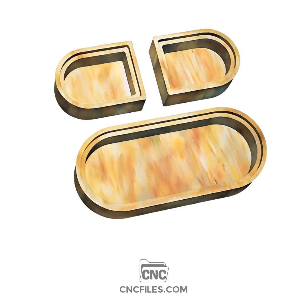 An image of a CNC file showing a set of nesting pill-shaped jewelry boxes with clear acrylic lids, perfect for organizing and displaying small accessories.