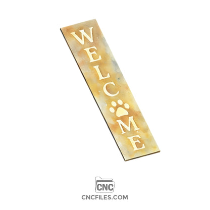An image of a CNC file showing a Pet Paw Welcome Porch Board design with a paw print and the word “Welcome”.