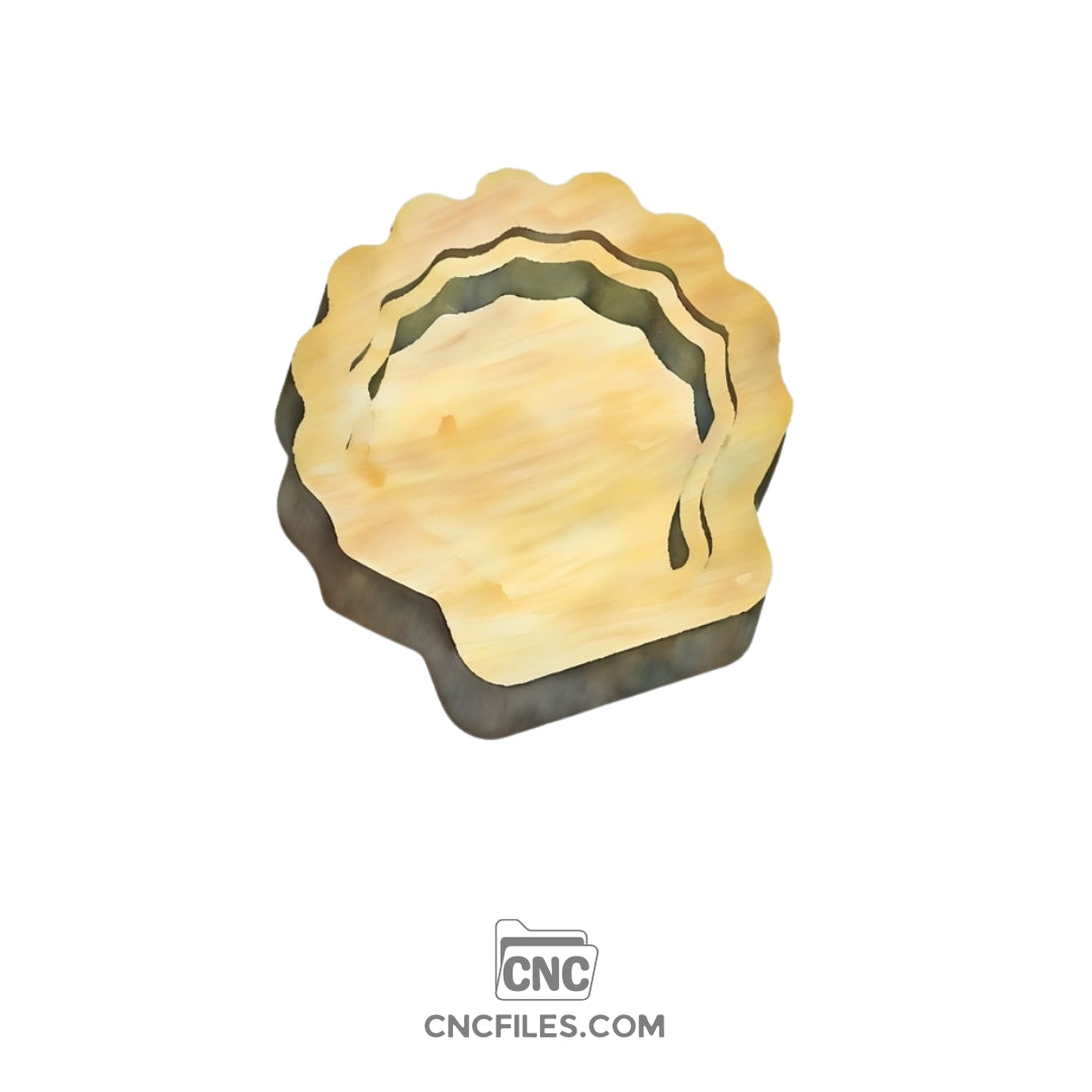 An image of a CNC file showing a sea shell shaped earring box with an acrylic lid designed for storing and displaying small jewelry items.