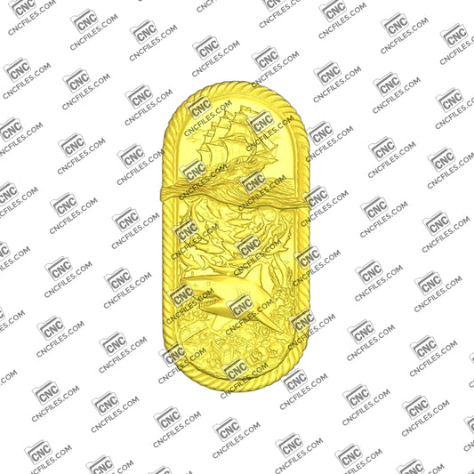 An image of 3D CNC file showing Shark Ship 3 design, and 3D render of CNC file showing a detailed shark-themed ship model, perfect for carving or decoration.