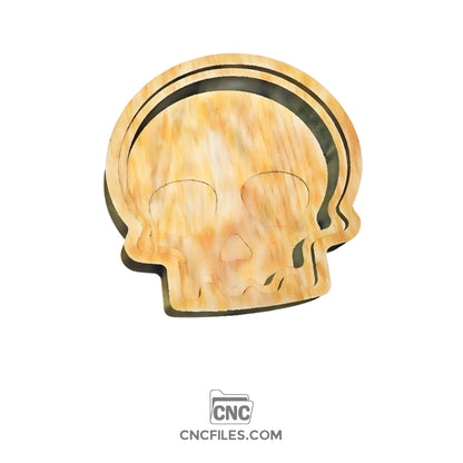 An image of a CNC file showing a skull shaped earring box with an acrylic lid designed for storing and displaying small jewelry items.