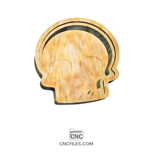 An image of a CNC file showing a skull shaped earring box with an acrylic lid designed for storing and displaying small jewelry items.