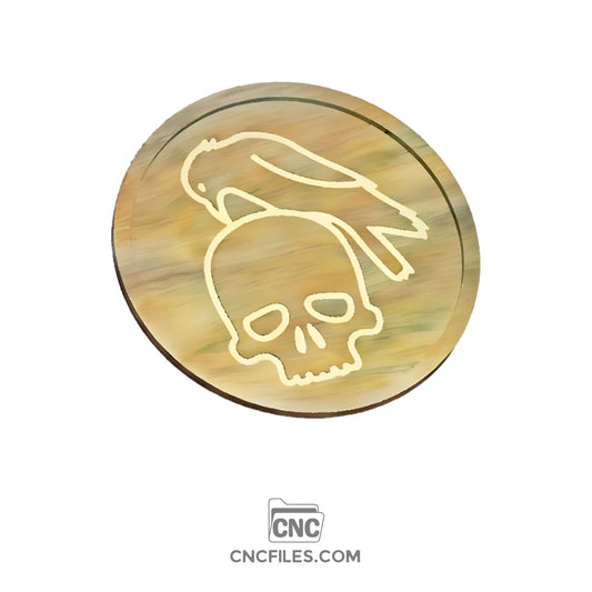 An image of a CNC file showing a Skull and Crow Halloween Tray design with detailed carved patterns.