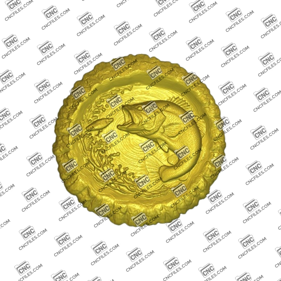 An image of 3D CNC file showing Stump Bass 3, 3D render of CNC file showing a detailed bass fish design, perfect for woodworking or custom decor projects.