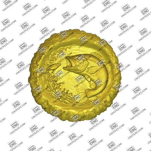 An image of 3D CNC file showing Stump Bass 3, 3D render of CNC file showing a detailed bass fish design, perfect for woodworking or custom decor projects.
