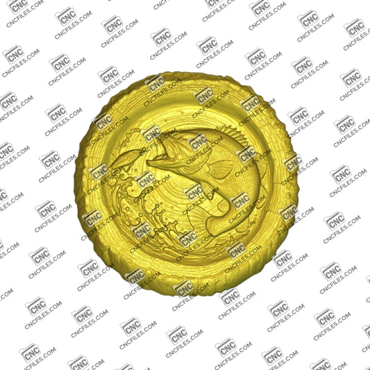 An image of 3D CNC file showing Stump Bass 4, 3D render of CNC file showing a detailed bass fish design, perfect for woodworking or custom decor projects.