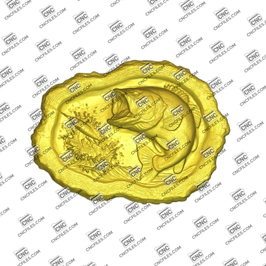 An image of 3D CNC file showing Stump Bass 8, 3D render of CNC file showing a detailed bass fish design, perfect for woodworking or custom decor projects.