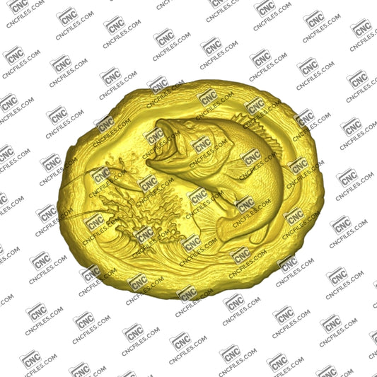 An image of 3D CNC file showing Stump Bass 9, 3D render of CNC file showing a detailed bass fish design, perfect for woodworking or custom decor projects.