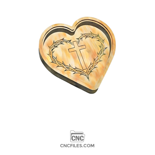 An image of a CNC file showing a thorned heart with cross jewelry box with an acrylic lid designed for storing and displaying small jewelry items.