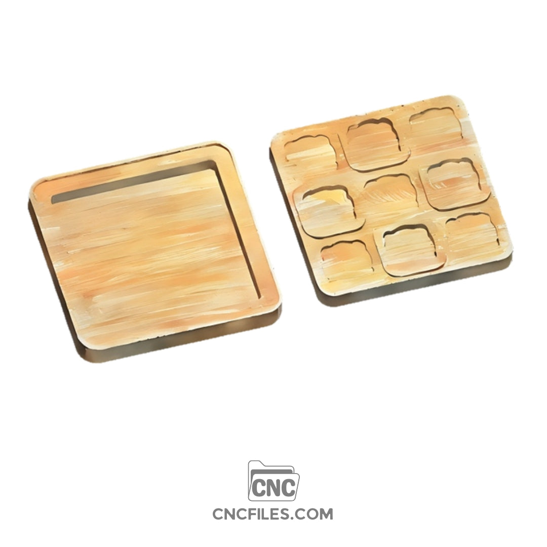a CNC File showing two parts to a Tic Tac Toe Board game, The Lid and the main body.