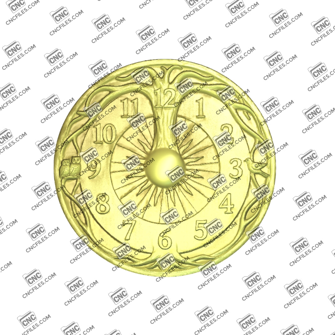An image of a CNC file showing a Tree of Life wall clock with Arabic numerals designed for decorative home or office use.