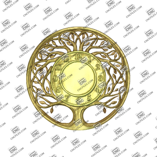 An image of a CNC file showing a Tree of Life wall clock with Arabic numerals, designed for decorative and functional home use.