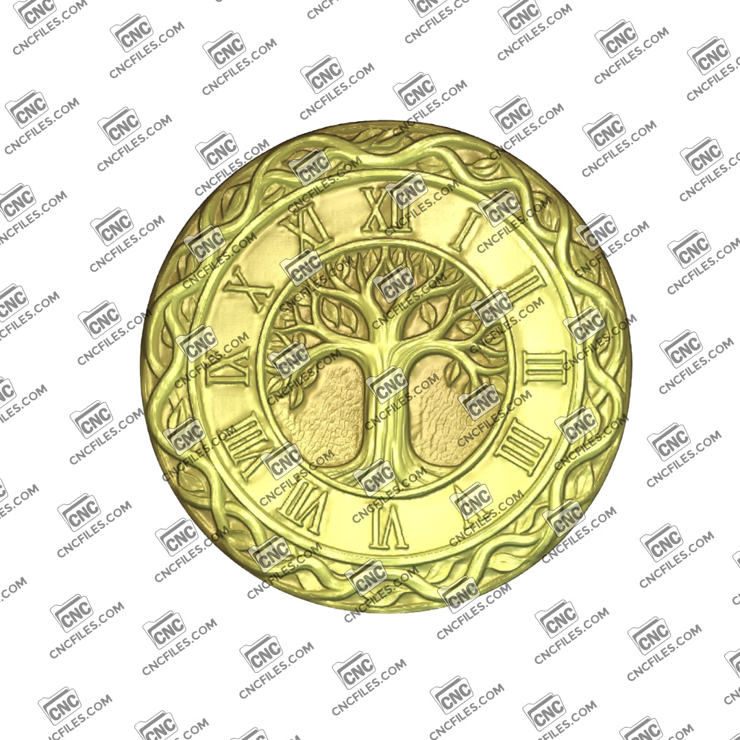 An image of a CNC file showing a Tree of Life clock with Roman numeral style design created for cutting and assembling a decorative wall clock.