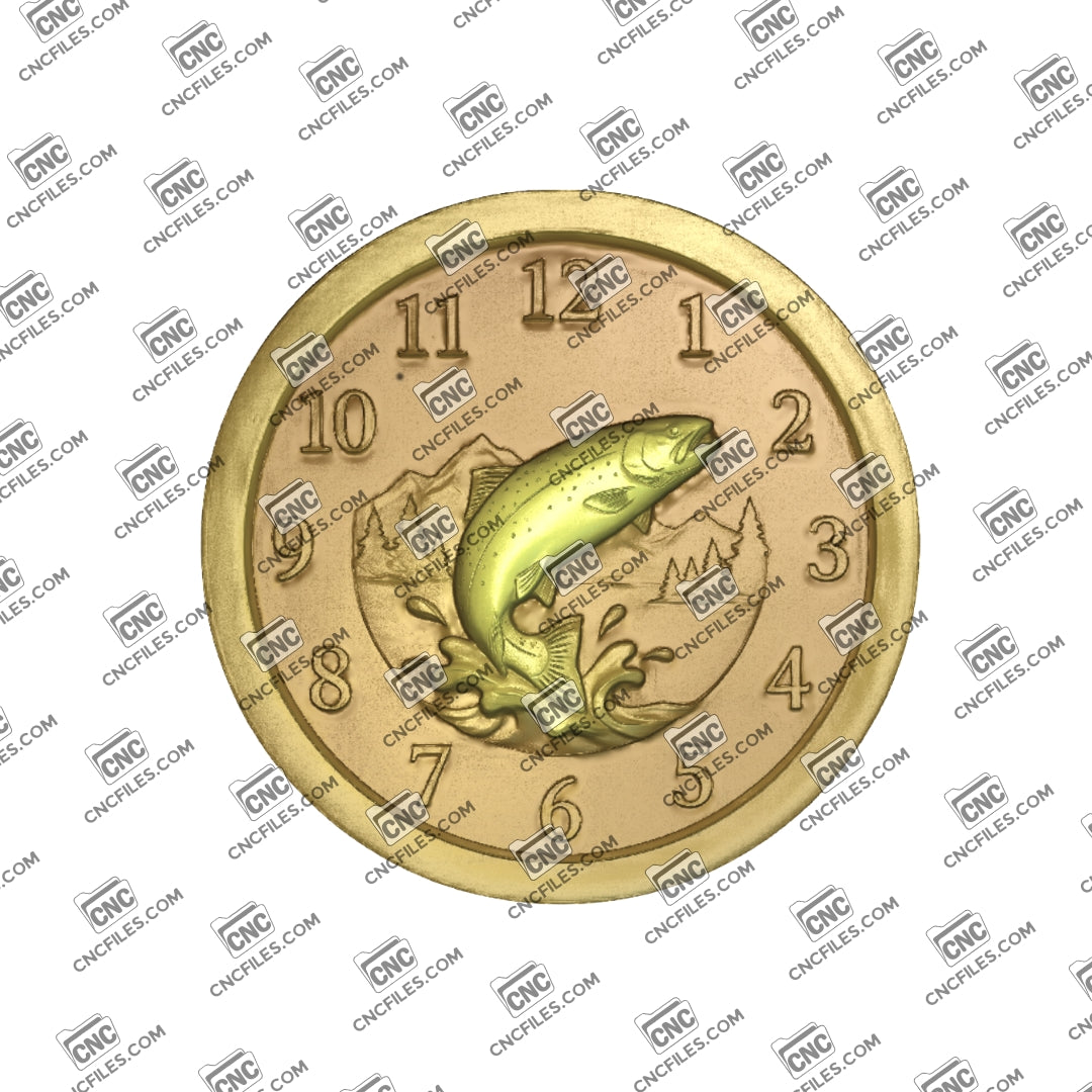 An image of a CNC file showing a Trout Fishing Arabic Clock, designed with a fish-themed motif and Arabic numerals for wall display.