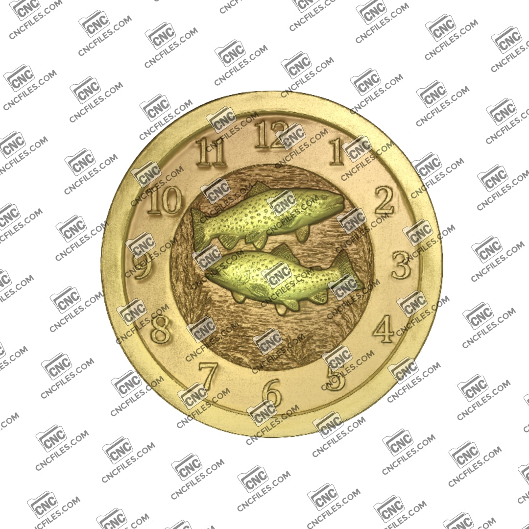An image of a CNC file showing a Trout Fishing Arabic Clock, designed with a fish-themed motif and Arabic numerals for wall display.