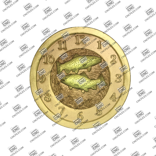 An image of a CNC file showing a Trout Fishing Arabic Clock, designed with a fish-themed motif and Arabic numerals for wall display.