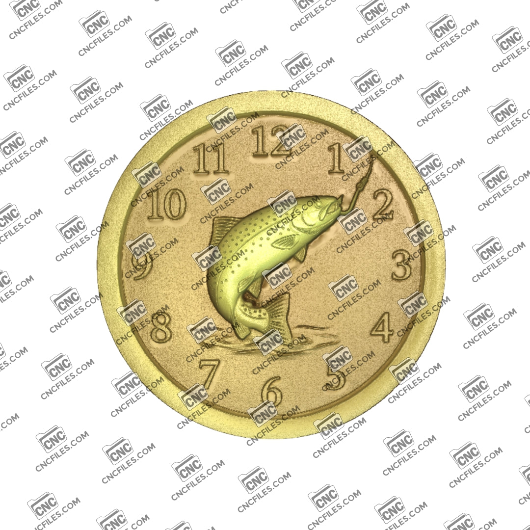 An image of a CNC file showing a trout fishing themed Arabic clock design used for creating a decorative wall clock.