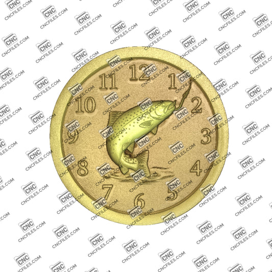 An image of a CNC file showing a trout fishing themed Arabic clock design used for creating a decorative wall clock.